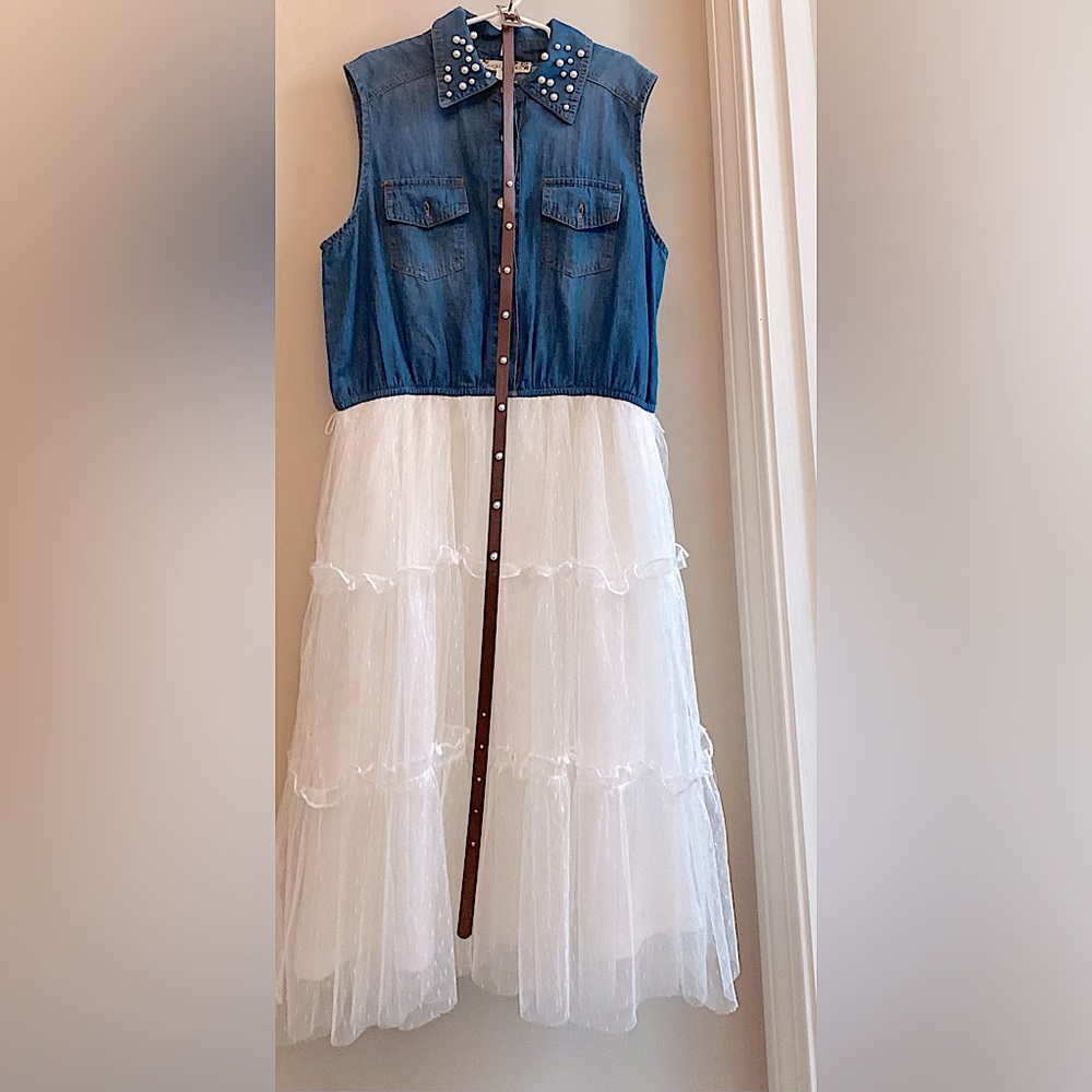 Girls Knit works Denim And Lace Dress,Pearl Accents, Size 14